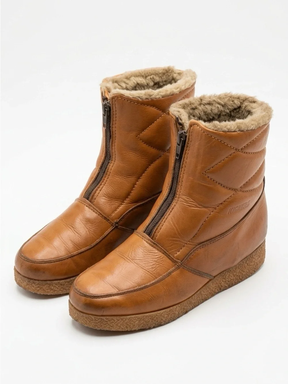 Mocatem Winter Boots Vintage Front Zip Leather Cognac Brown 13E